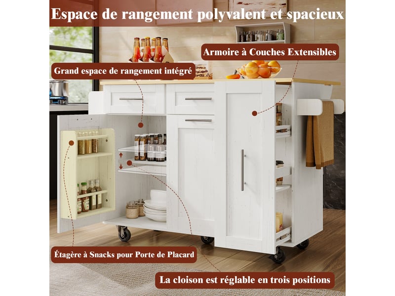  Îlot central de cuisine 110 x 4674 x 90.5 cm, avec plateau rabattable, étagères de rangement et roulettes, blanc  - Conforama D