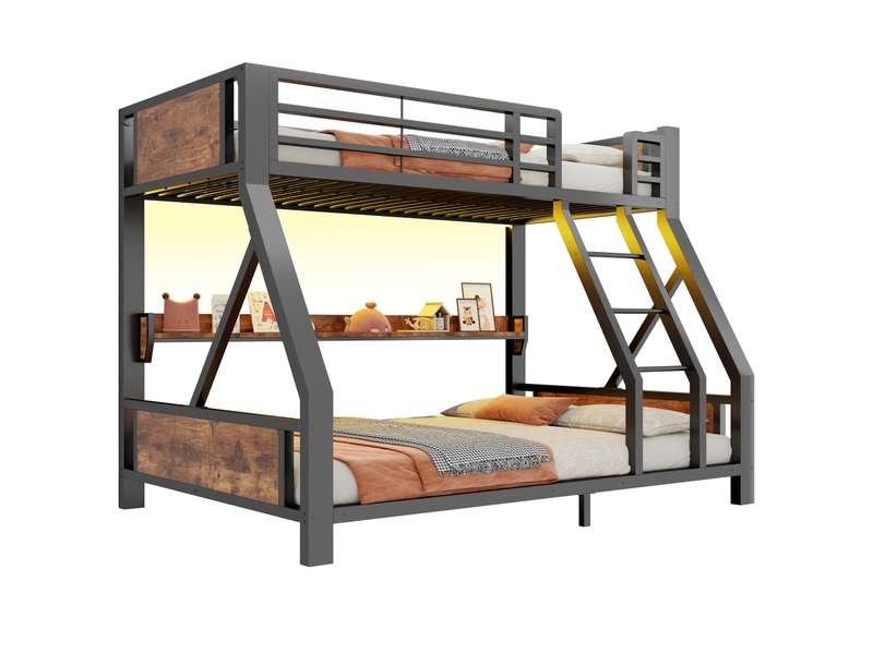 Lit superposé 90x200140x200 cm noir avec étagère et éclairage led - Conforama A
