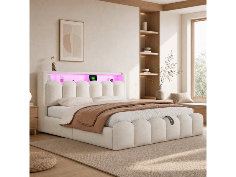  Lit coffre 180 x 200 cm beige en velours avec led, rangements et ports usbtype-c  - Conforama D
