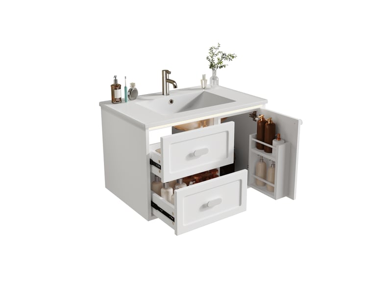 Meuble sous vasque suspendu avec led à détecteur radar et 2 tiroirs - lpospi - lavabo céramique, mdf laqué blanc 76 × 46 × 51 cm - Conforama A