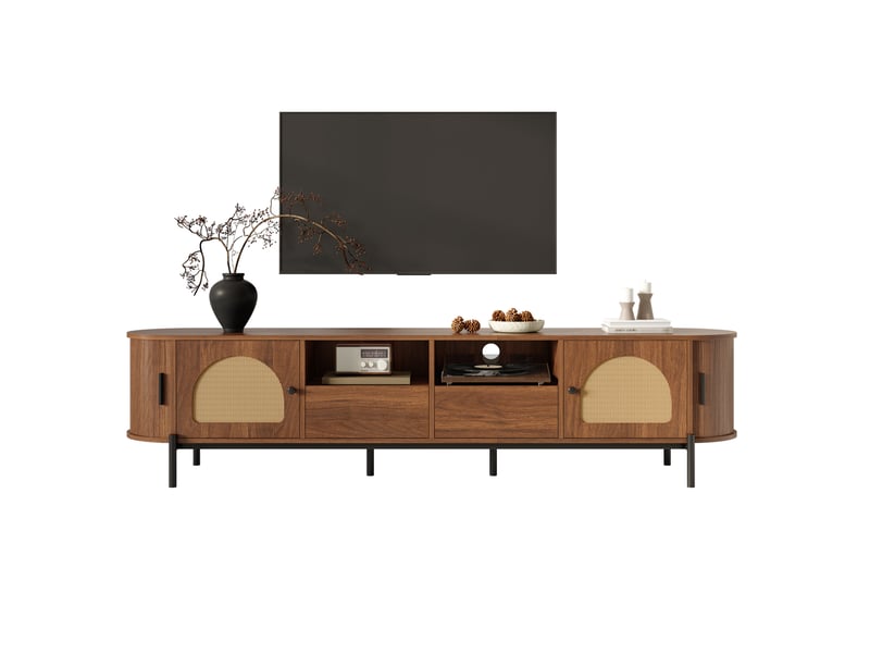  Meuble tv ovale 200x40x49,5 cm – noyer – rangement avec portes coulissantes et tiroirs pour salon  - Conforama A