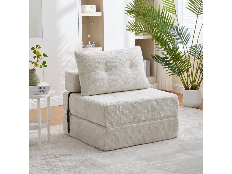 Canapé convertible pliable chenille beige avec coussins, dossier et matelas intégré - Conforama B