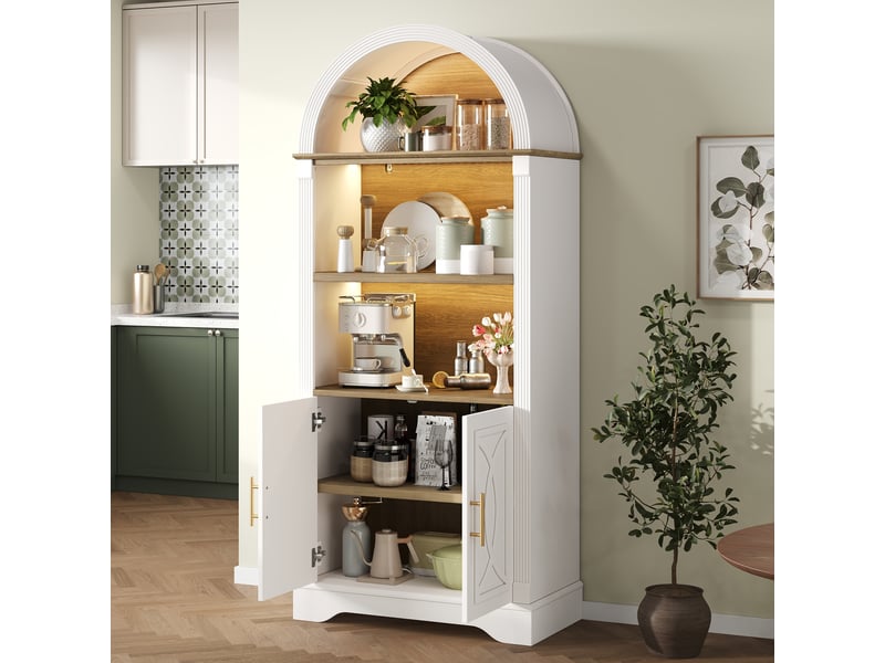  Buffet haut de cuisine avec 2 portes, 3 niches, étagère réglable et led pour salle à manger, blanc, 76,2×40,1×180 cm  - Conforama B