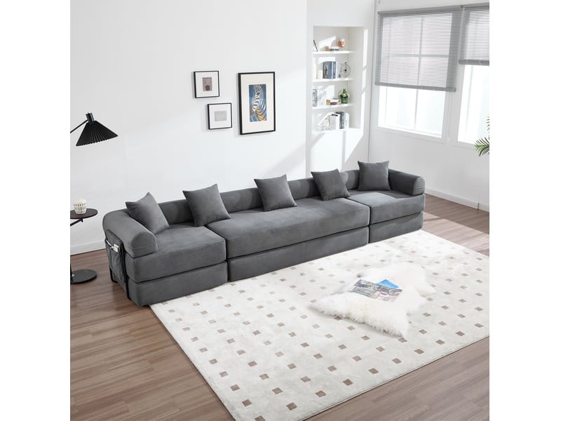 Canapé modulaire 4 places avec couchage d'appoint et poche latérale en velours côtelé gris foncé, 270 × 180 × 64 cm - Conforama D