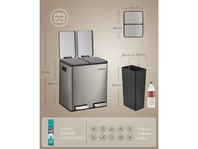  Poubelle de cuisine 2 x 15 litres tri sélectif amovible 41,8 x 35,3 x 45,5 cm en acier inoxydable argent 12_0012541  - Conforama B