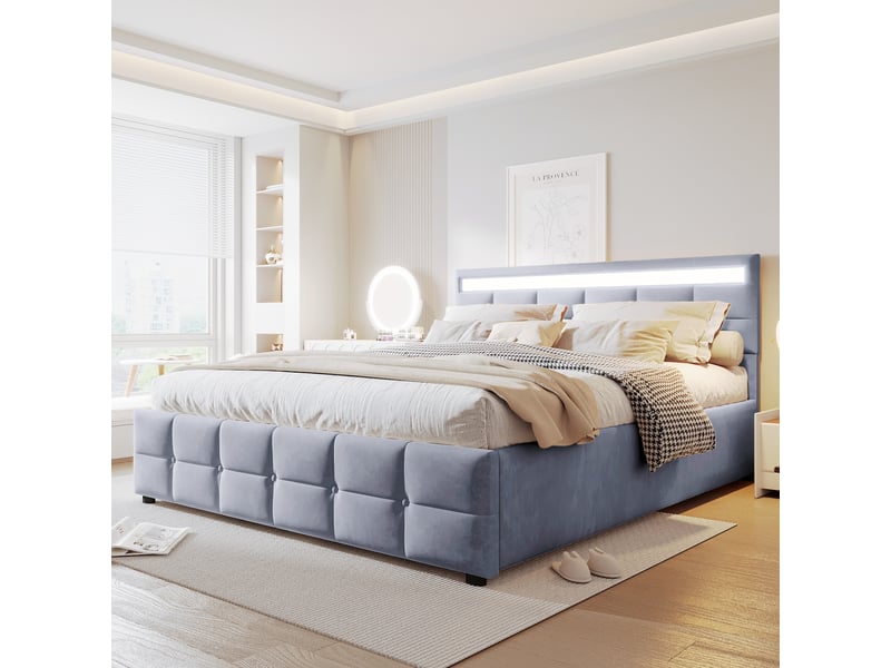  Lit coffre velours gris 180x200 cm avec led, sommier à lattes et ouverture hydraulique  - Conforama B
