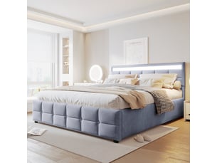 Lit coffre velours gris 180x200 cm avec led, sommier à lattes et ouverture hydraulique