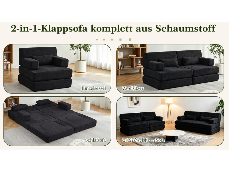  Canapé-lit modulaire 2-en-1 4 places – noir – chenille pliable, dossier haut, format compact et gain de place  - Conforama D