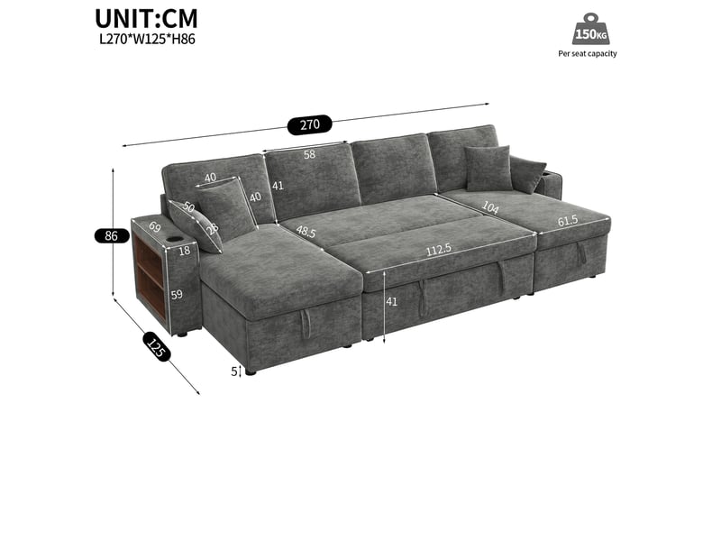  Canapé d'angle u modenvie convertible avec rangement, chenille gris, 4 places, avec porte-gobelets et ports usb  - Conforama C