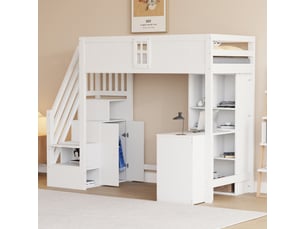 Lit mezzanine 90x200 cm avec bureau et tiroirs, lit enfant avec placards de rangement et barrière, blanc, lit simple en bois