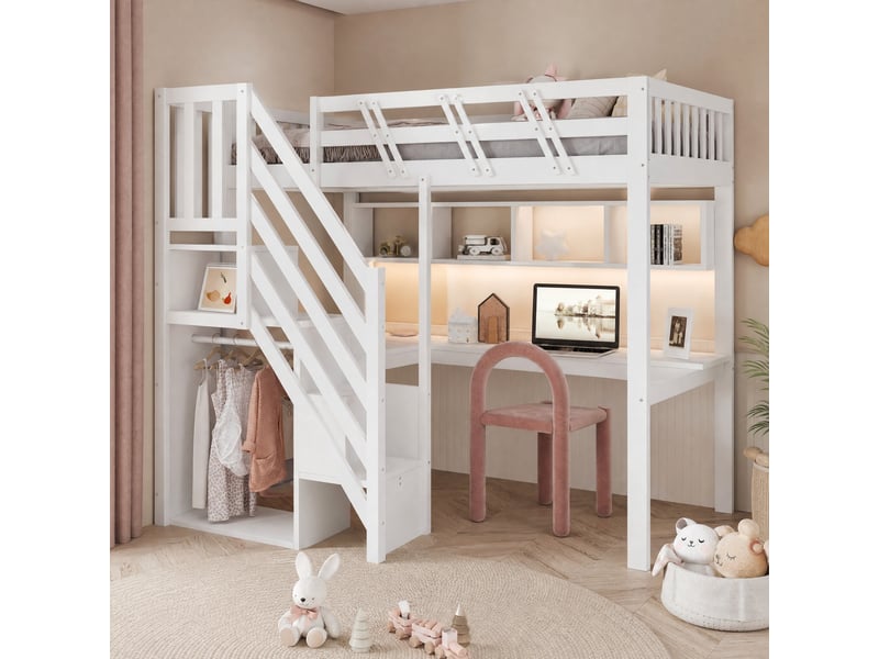  Lit mezzanine enfant 140 x 200 cm blanc avec bureau, rangements, usb et éclairage led  - Conforama C
