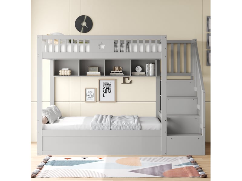 Lit superposé 140 x 200 cm avec rangement hydraulique, étagères et escalier gris - Conforama D