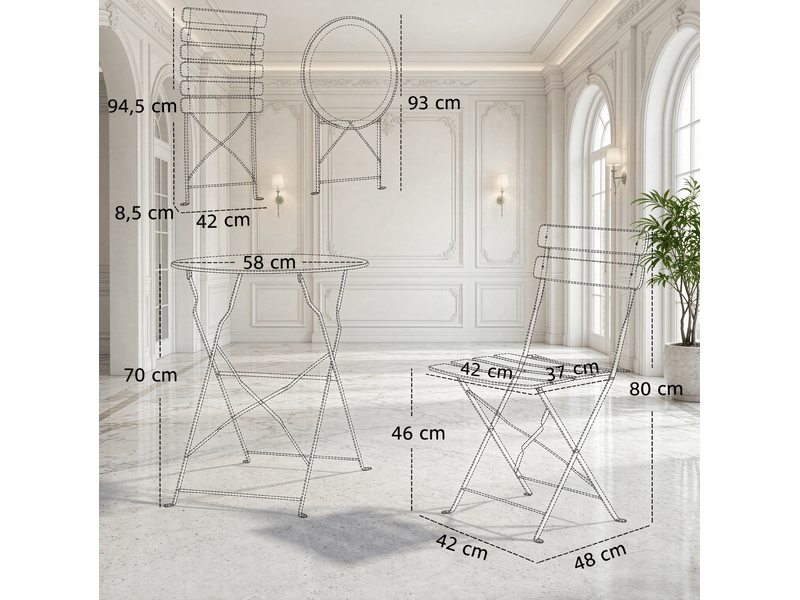 Ensemble table et chaises de jardin avec 1 table et 2 chaises pliantes, en métal noir pour balcon et terrasse - Conforama D