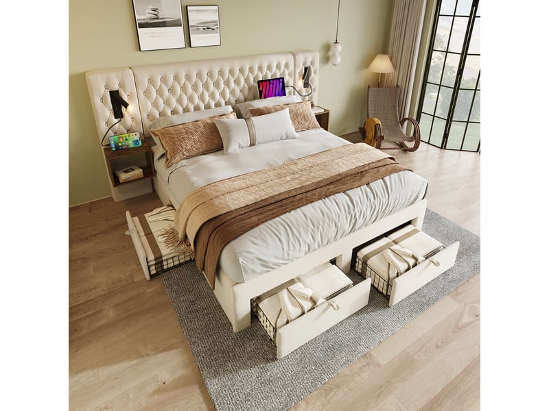  Lit double avec 4 tiroirs, 2 chevets et usb, velours beige, 180x200 cm  - Conforama D