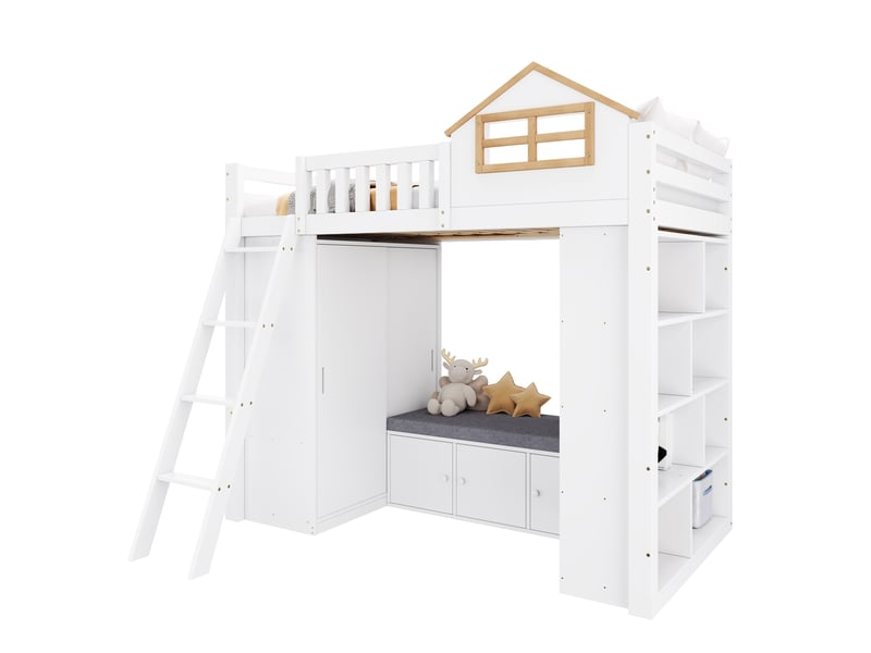  Lit mezzanine enfant 90x200 cm blanc et coloris bois naturel avec armoire et banquette  - Conforama A