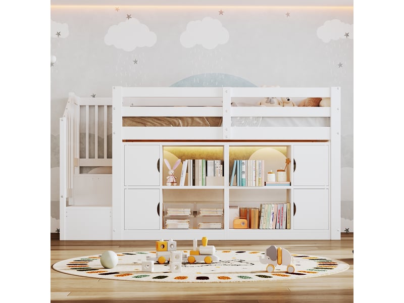 Lit mezzanine 90x200 cm blanc, avec rangements, étagères, escalier de rangement, led, sommier inclus, sans matelas - Conforama W