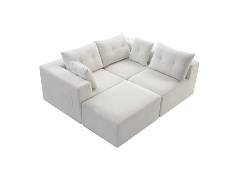 Canapé modulaire 4 places en velours côtelé avec assises profondes, poche de rangement latérale et coussins inclus - Conforama A