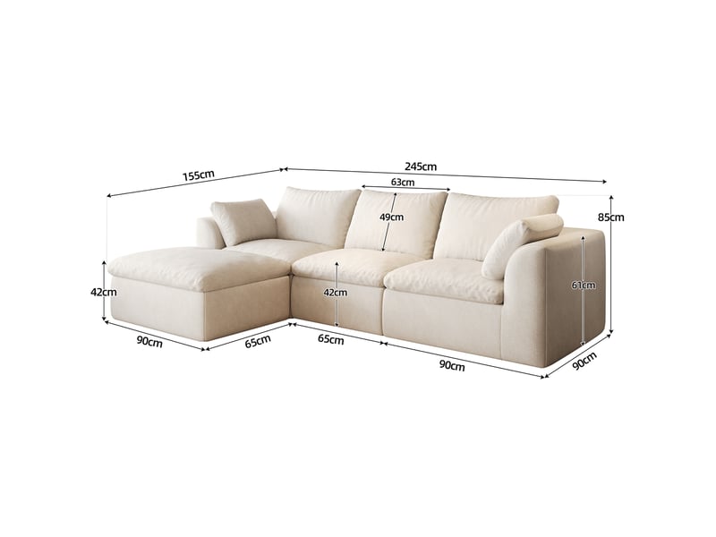  Canapé d'angle 4 places 245x155 cm beige blanc en tissu, assise en mousse haute élasticité pour salon  - Conforama E