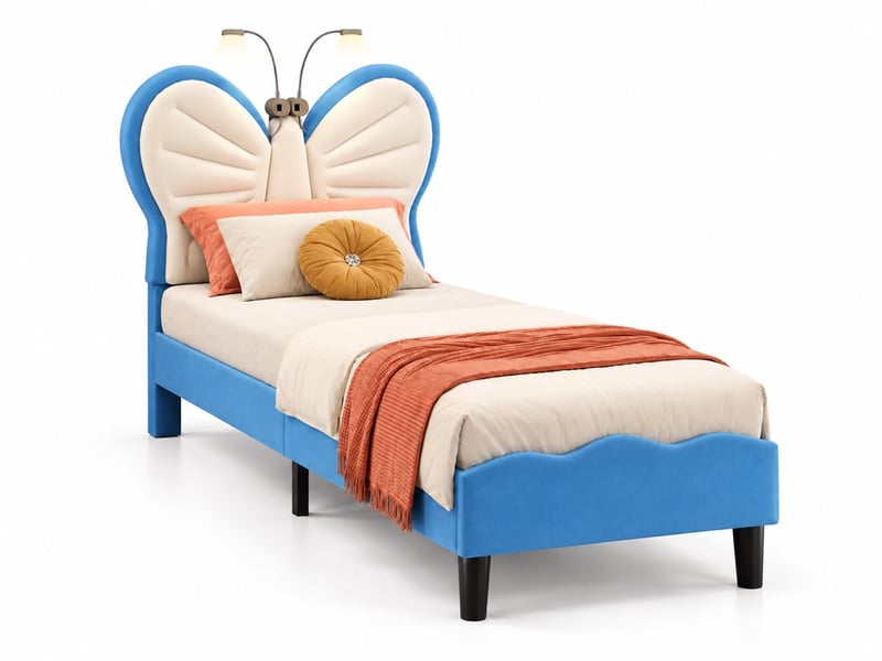  Lit enfant fille 90x200 cm en velours, tête de lit réglable en hauteur avec liseuses intégrées, lit princesse pour fille avec sommier à lattes, lit simple rembourré 90x200, bleu  - Conforama A