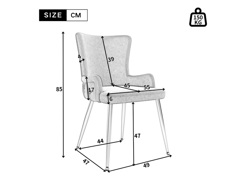  Lot de 2 chaises 49x47x85cm avec pieds en métal argenté, dossier à design de boutons, style élégant, velours, gris  - Conforama D