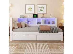 Lit banquette 90x200 cm avec 2 tiroirs de rangement étagère 3 niveaux led dimmable port usb pin massif mdf sans matelas blanc