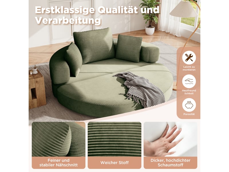  Canapé convertible 2 places en velours côtelé, 2-en-1, lit ovale 173×176 cm, sans montage, 3 coussins inclus  - Conforama D