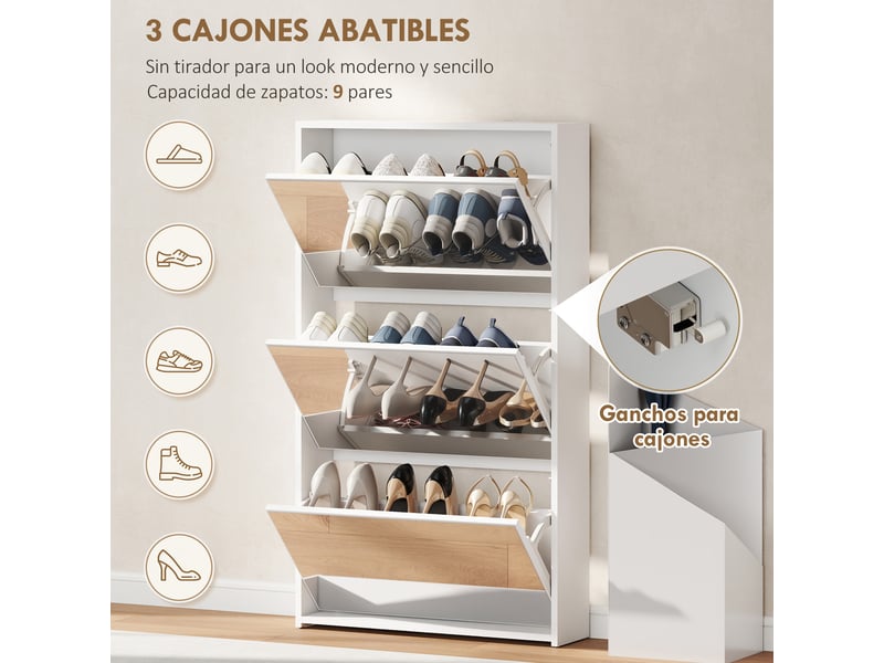  Meuble à chaussures d'entrée avec 3 portes et miroir, étagère à chaussures étroite pour 9 paires de chaussures, 65 x 17 x 114,5 cm, blanc  - Conforama E