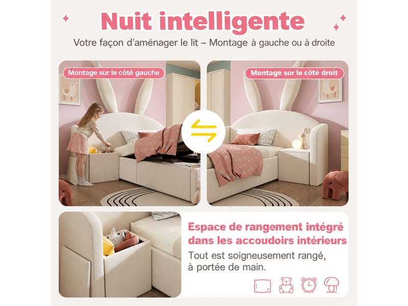  Lit enfant 90 x 190 cm rembourré beige en velours, rangement hydraulique, chevet modulable  - Conforama E