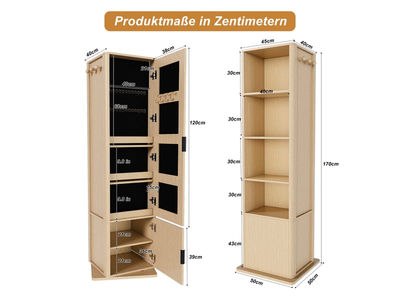  Armoire à bijoux pivotante 360° avec miroir, rangement 4-en-1, effet chêne  - Conforama C