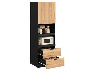 Armoire de cuisine 59,5 x 45 x 200 cm noire en mdf, 2 portes, 2 tiroirs et niches pour appareils