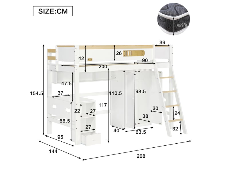  Lit superposé 90 x 200 cm avec armoire intégrée, échelle, étagères et niches en pin, panneau composite de fibres de bois à densité et contreplaqué blanc  - Conforama E