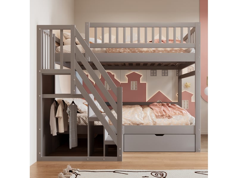  Lit superposé 140x200 cm, sécurité, échelle de rangement, tiroirs intégrés, bois, gris, sans matelas  - Conforama E