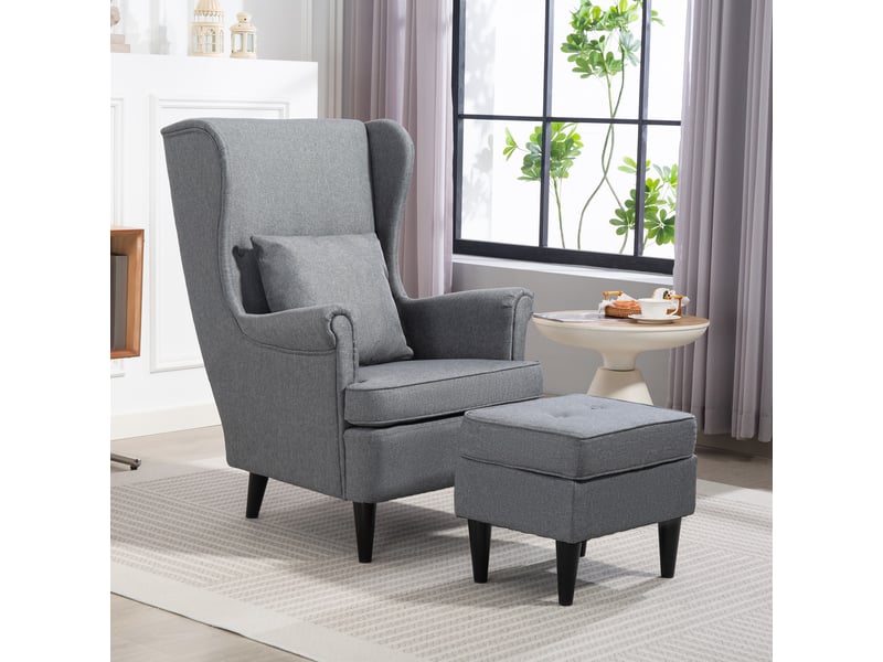  Fauteuil à oreilles avec repose-pieds, fauteuil rembourré avec pieds en bois d'hévéa, revêtement en tissu, gris  - Conforama D
