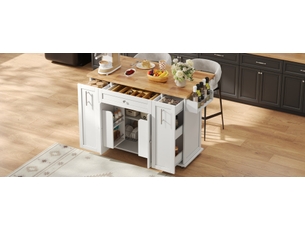 Desserte de cuisine mobile 120x70x87 cm blanche et bois clair en mdf, plateau rabattable et rangements intégrés