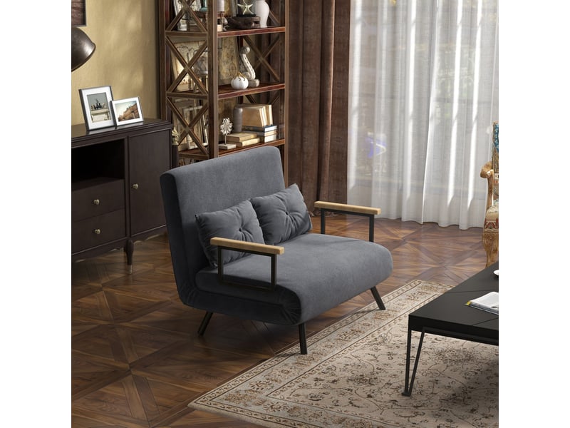  Fauteuil convertible avec dossier réglable et deux coussins, structure en acier et velours gris foncé  - Conforama B