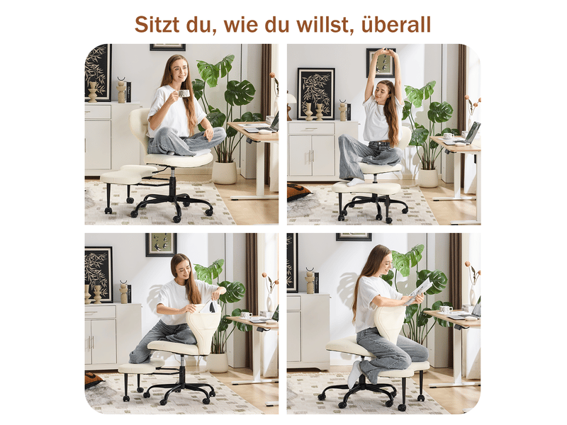 Chaise de bureau pour méditation avec assise pour jambes croisées, hauteur réglable et roulettes, en simili cuir blanc - Conforama C