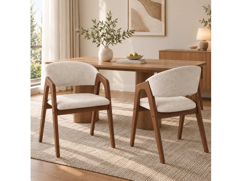  Chaise de salle à manger par lot de 4 avec accoudoirs et assise rembourrée en lin et bois noyer et beige avoine  - Conforama D
