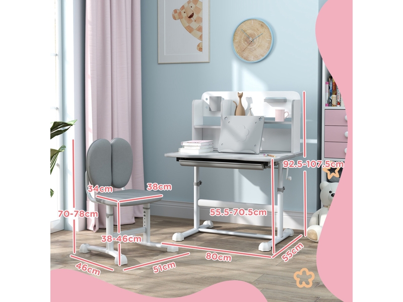  Ensemble bureau et chaise enfant réglables gris, plateau inclinable 0 à 45°, 80 x 55 cm  - Conforama E
