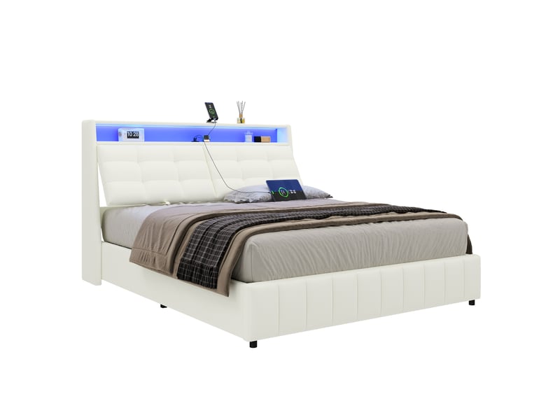  Lit plateforme rembourré 160x200 cm avec led, usb, rangement sous le lit et coussins réglables, blanc  - Conforama A