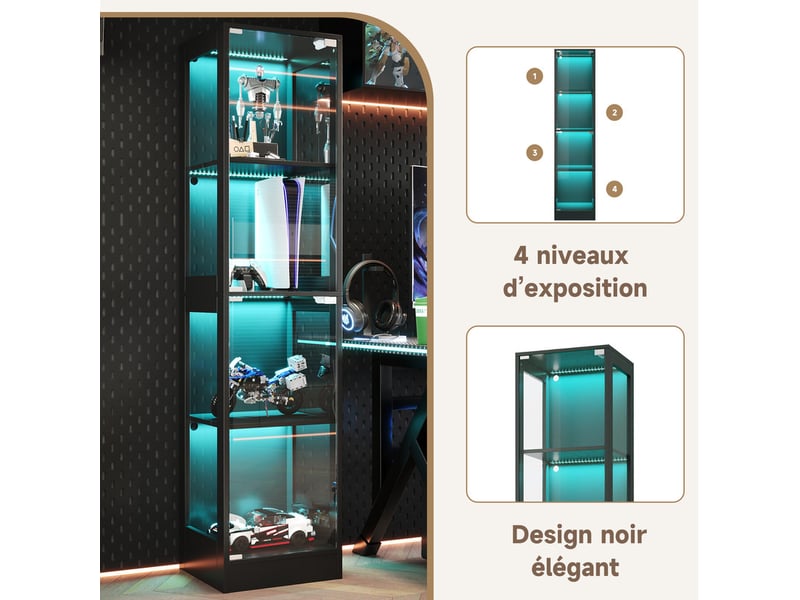  Vitrine en verre 40x35x170cm - quatre niveaux de rangement - éclairage led contrôlable par app - 2 portes - mdf - noir  - Conforama R