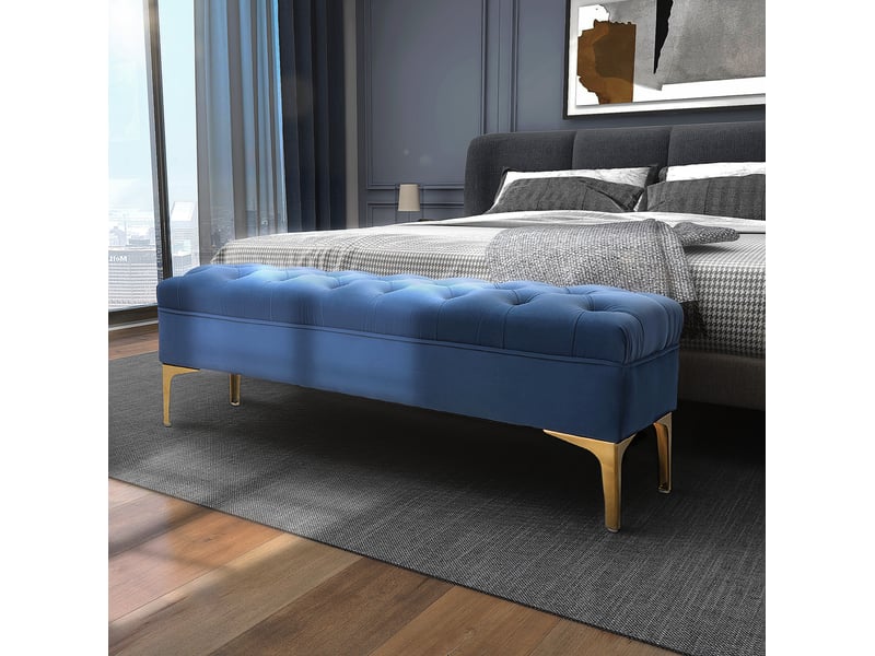  Banc capitonné tcqpz en velours bleu 118 x 45 x 42 cm pieds métalliques dorés  - Conforama B