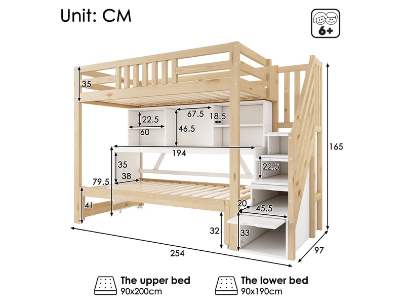  Lit superposé enfant 90x200 et 90x190 cm blanc et bois clair, bureau mobile et lit gigogne, sans matelas  - Conforama C