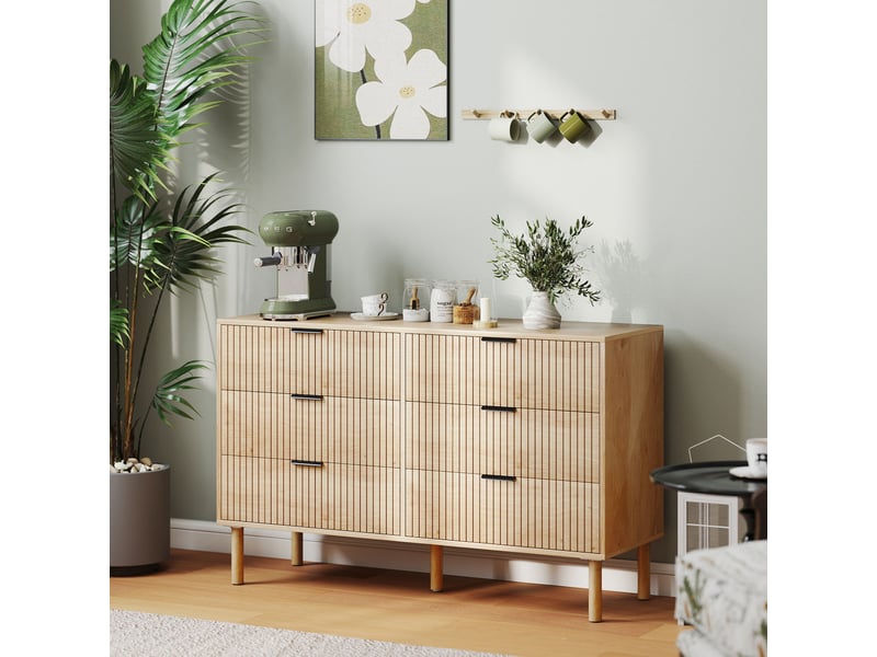  Commode en bois de style nordique à 6 tiroirs pour chambre et entrée, 120 x 39,5 x 75 cm, chêne  - Conforama C