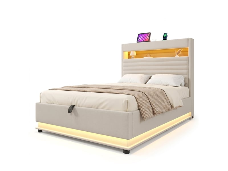  Lit coffre 90 x 200 cm en lin beige avec led, ports usb et type-c  - Conforama A