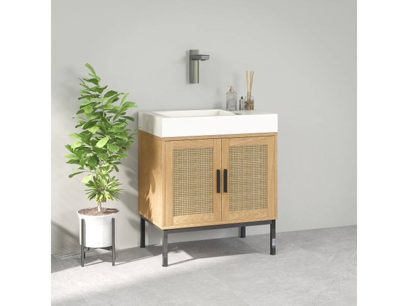  Meuble sous lavabo chêne 60x39x60 cm avec rangement effet rotin et dispositif anti-basculement  - Conforama D