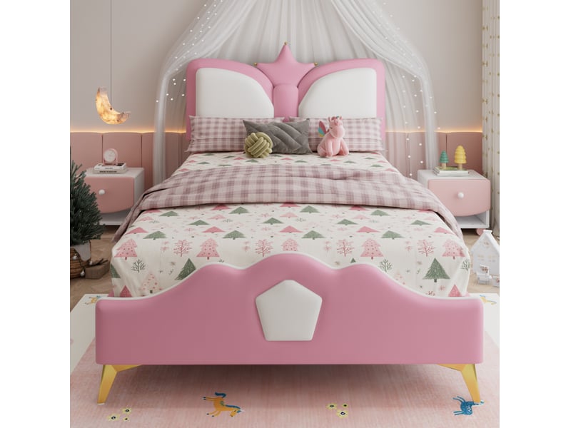  Lit enfant simple princesse 90x200 cm tête couronne bords mousse pieds dorés pu rose et blanc sans matelas  - Conforama D