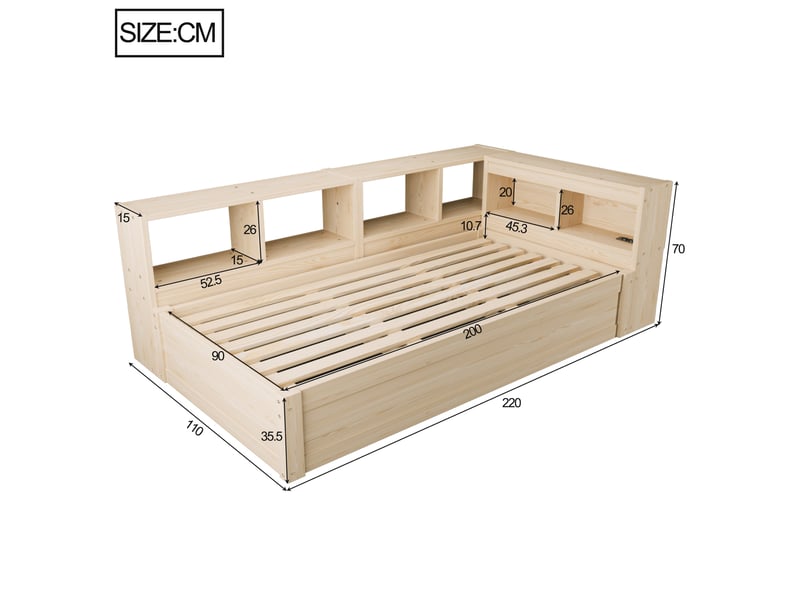Lit banquette 90x200 cm – bois naturel – rangement hydraulique, led et prise intégrée – sans matelas - Conforama C