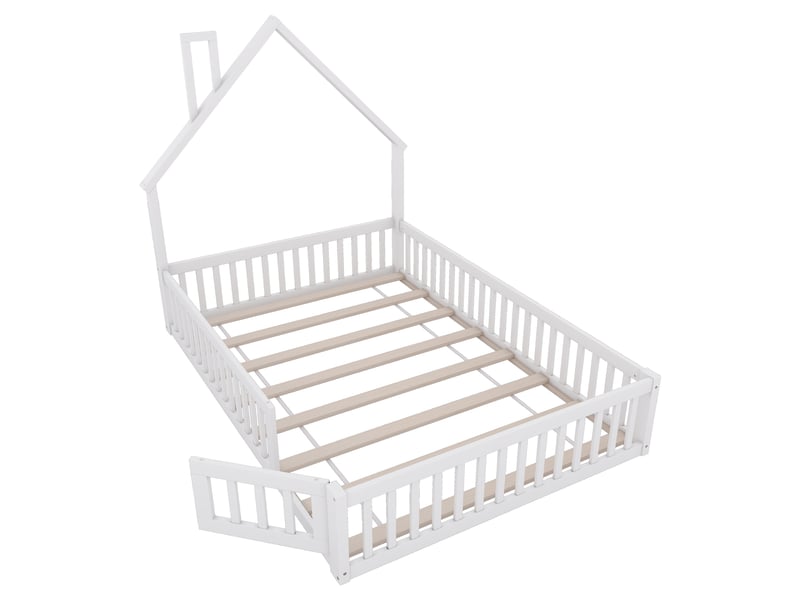  Lit enfant 140x200 avec forme de cheminée, style minimaliste blanc, structure en bois de pin, barrières de sécurité, sans matelas.  - Conforama A