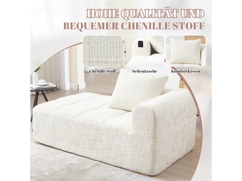  Canapé méridienne beige en chenille avec coussin inclus, poches latérales et assise moelleuse  - Conforama E