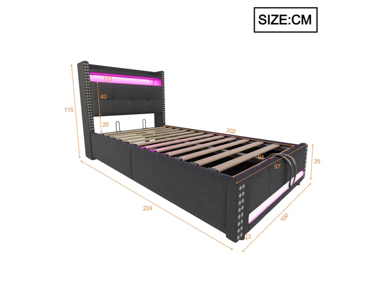  Lit enfant rembourré 90 x 200 cm gris avec led, prise usb et rangement hydraulique  - Conforama E